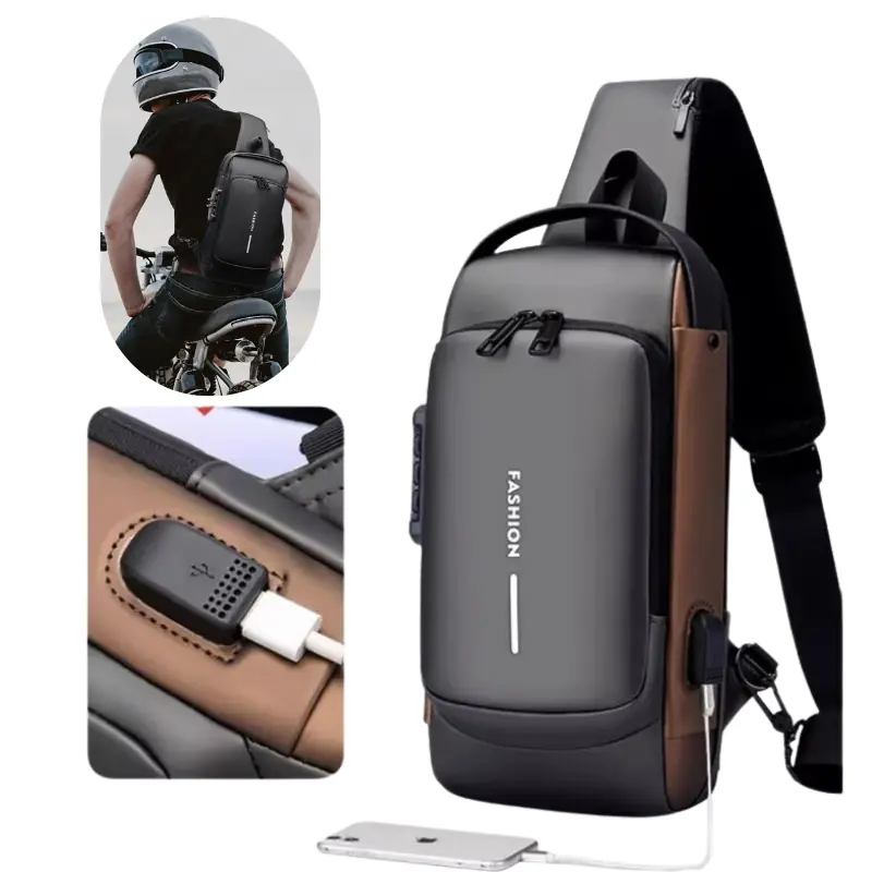 Pechera Cruzada de Seguridad * Negro Combinado Antirrobo * Reforzada + USB + Candado de combinación