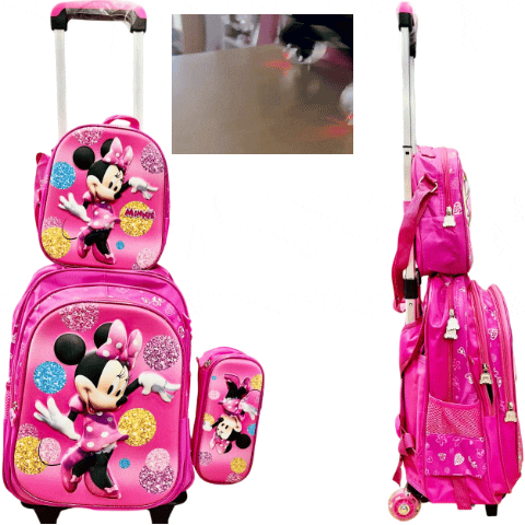 Set x 3 *MINNIE M0USE* Mochila Con Carro + Lonchera Termica + Cartuchera -Ruedas con Luces- Escolar 3D