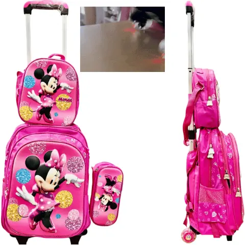 Set x 3 *MINNIE M0USE* Mochila Con Carro + Lonchera Termica + Cartuchera -Ruedas con Luces- Escolar 3D