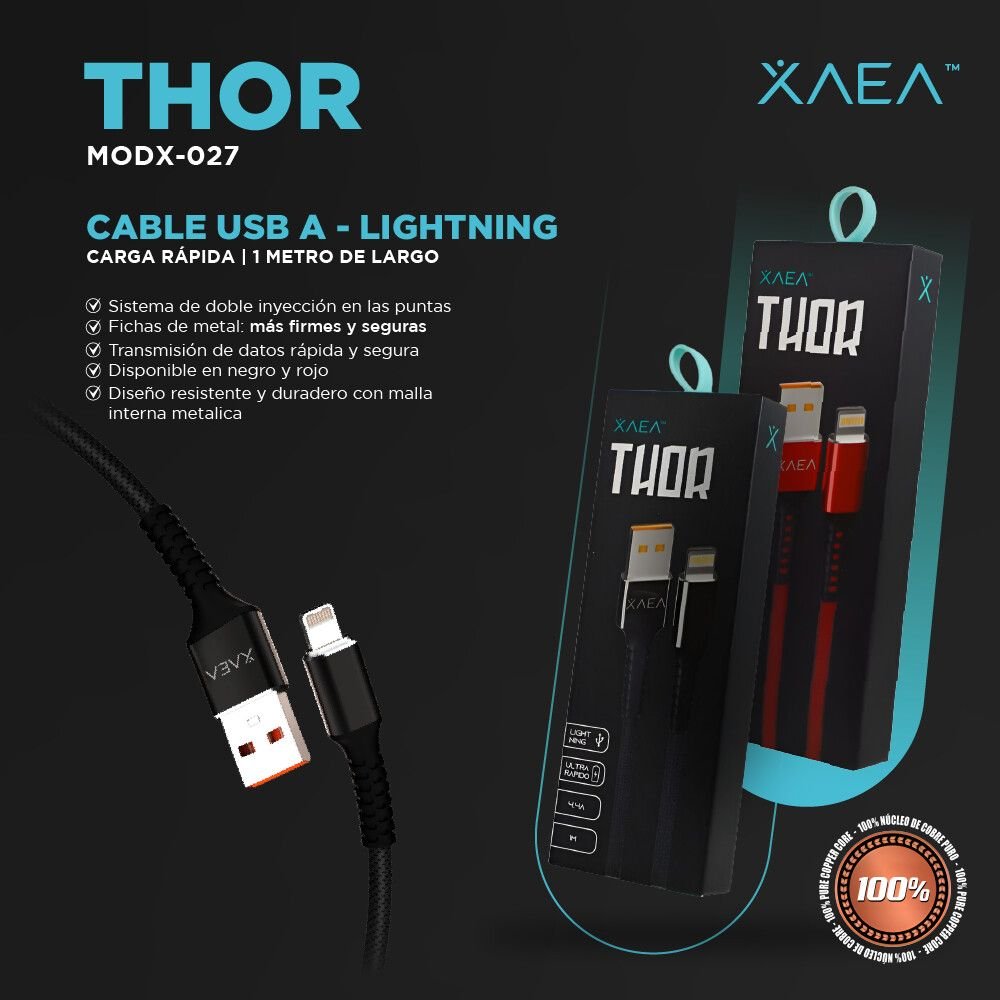 Cable USB LIGHTNING REFORZADO * XAEA THOR * - Carga Ultra Rapida - IPHONE 1 mts 4.4A (Entelado)