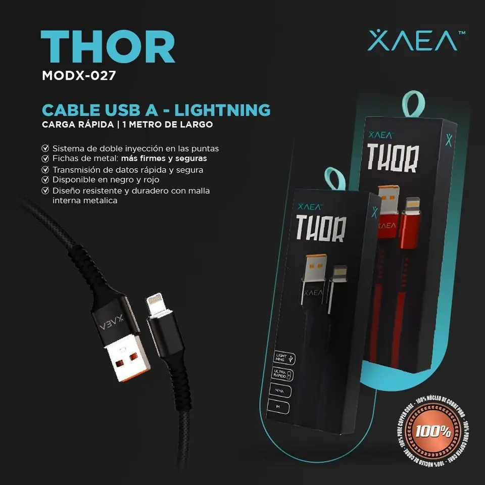 Cable USB LIGHTNING REFORZADO * XAEA THOR * - Carga Ultra Rapida - IPHONE 1 mts 4.4A (Entelado)
