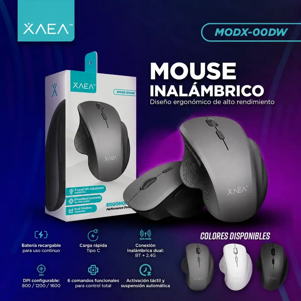 MOUSE INALAMBRICO " XAEA PRO - ERGONOMICO - GRIS " PREMIUM Doble Sistema (Receptor USB + Bluetooth) RECARGABLE