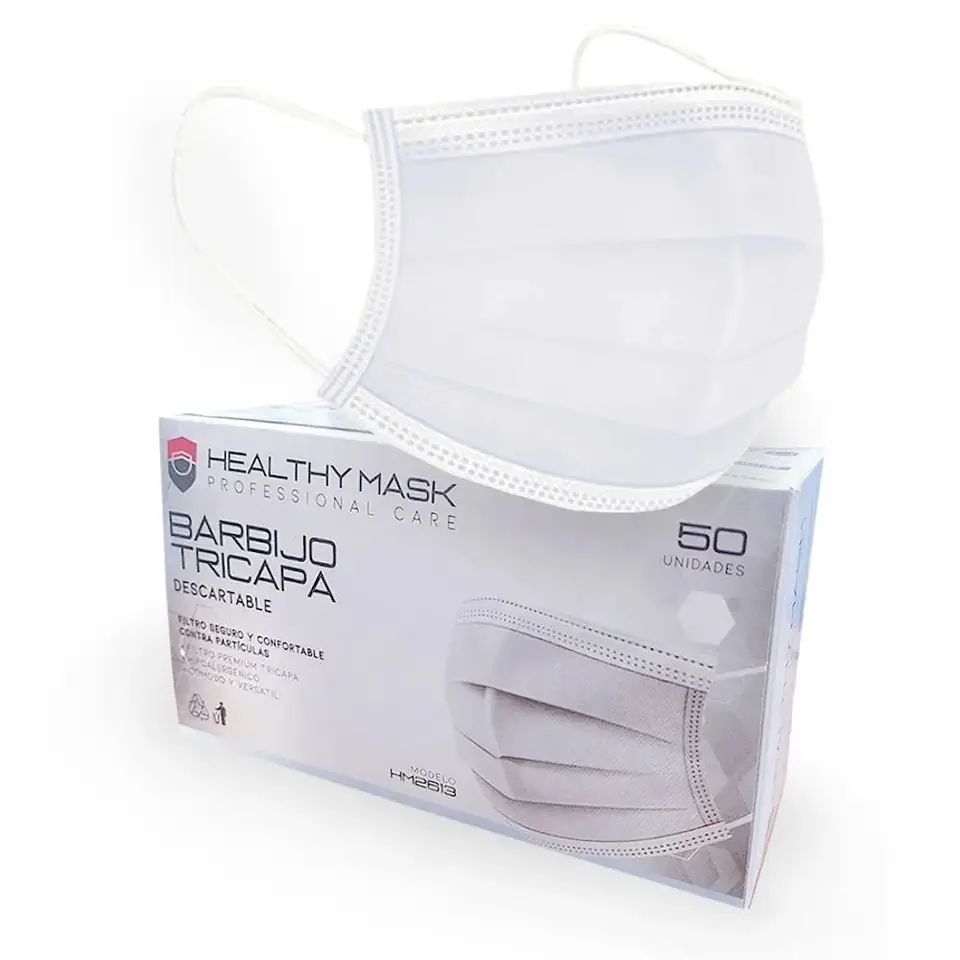 Barbijos Tricapa * CAAJA X 50 UNIDADES * BLANCO para adultos (Máxima Protección) C/ Ajuste en Nariz