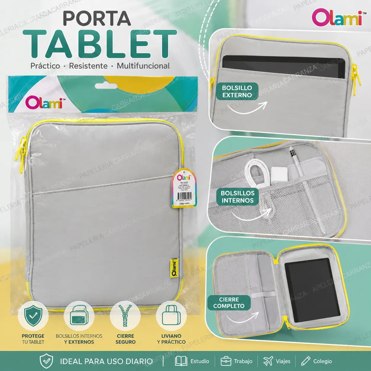 Porta Tablet Funda Reforzada - Olami - Con Cierre y Bolsillos