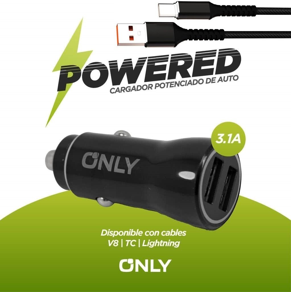 Cargador de Auto para Celular " Only POTENCIADO + Cable Tipo C" (Carga Rápida 3.1A) 12 V