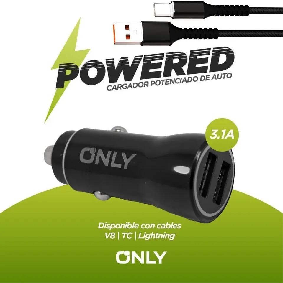 Cargador de Auto para Celular " Only POTENCIADO + Cable Tipo C" (Carga Rápida 3.1A) 12 V