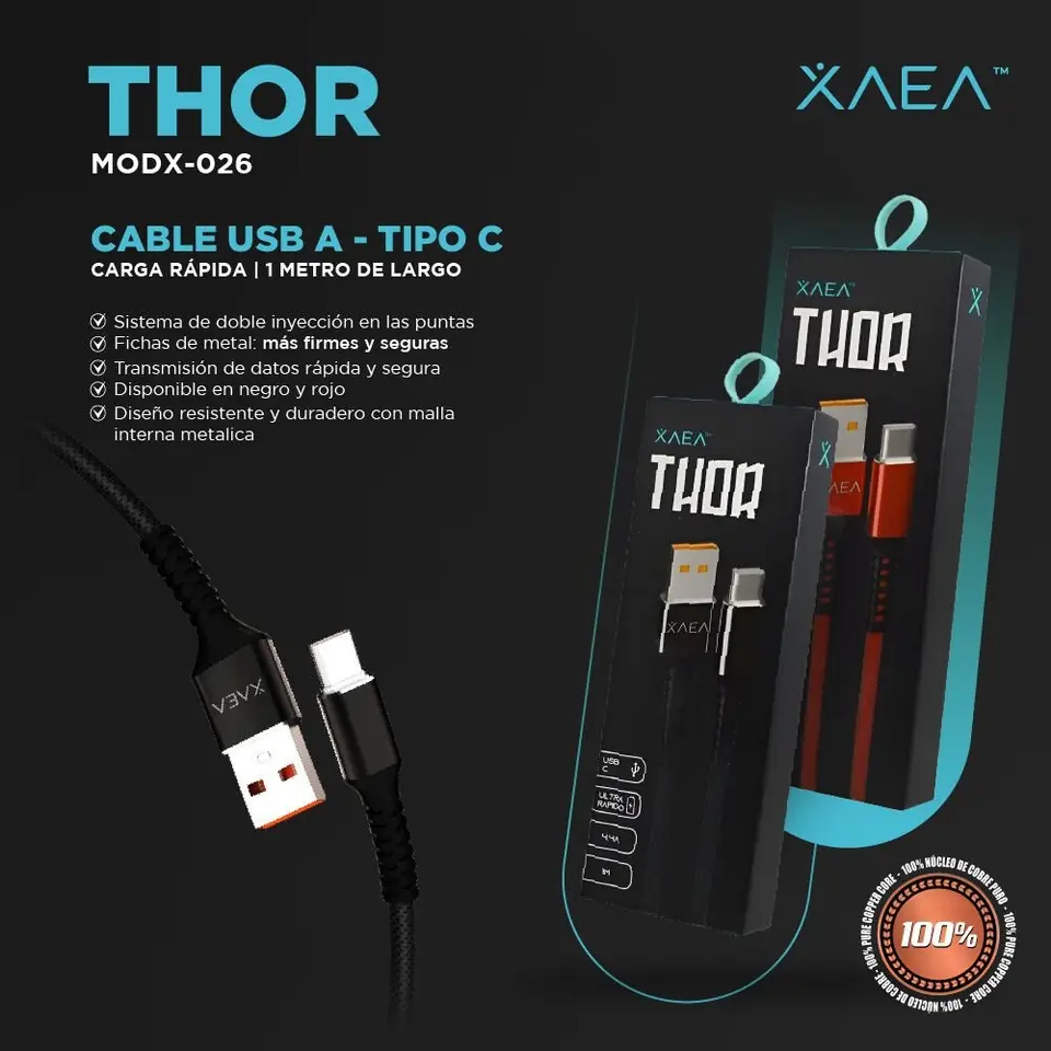 Cable USB Tipo " C " REFORZADO * XAEA THOR * - Carga Ultra Rapida - 1 mts 4.4A