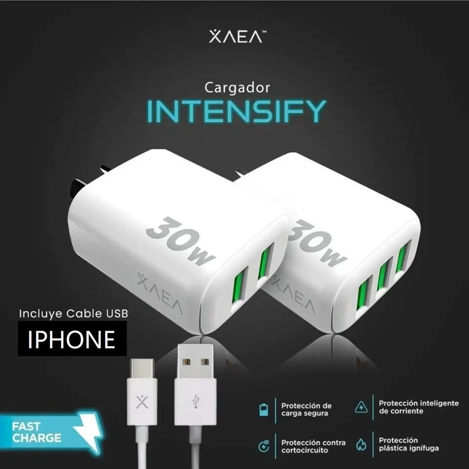 Cargador para Celular INTENSIFY + Cable de IPHONE " 30W Premium Usb (Carga Rapida) - Calidad de un Original
