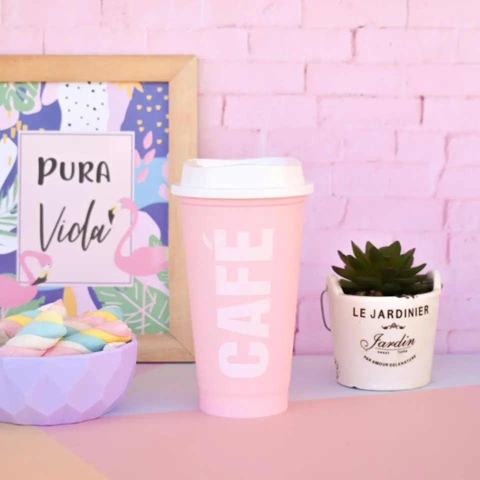 Vaso "Café ROSA PASTEL" con Tapa (Linea ECO) 500cc