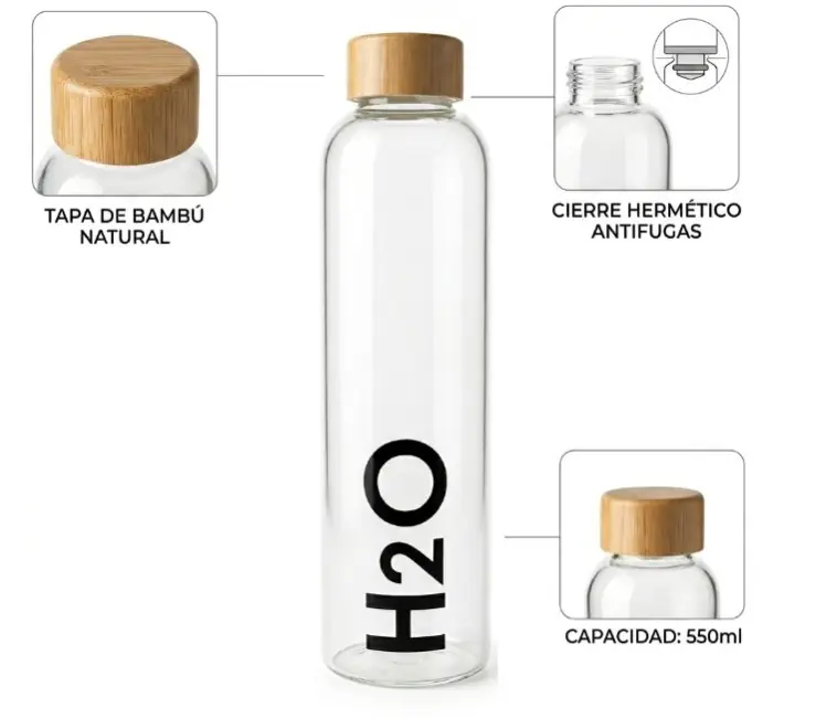 BOTELLAS DE VIDRIO 1 LITRO - H2O - C/ TAPA MADERA HERMETICA