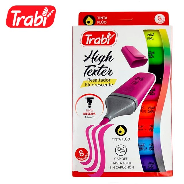Caja Resaltadores Trabi * Flúo x 8 * High Texter Chatos (7 Neón + 1 Tachador Negro)
