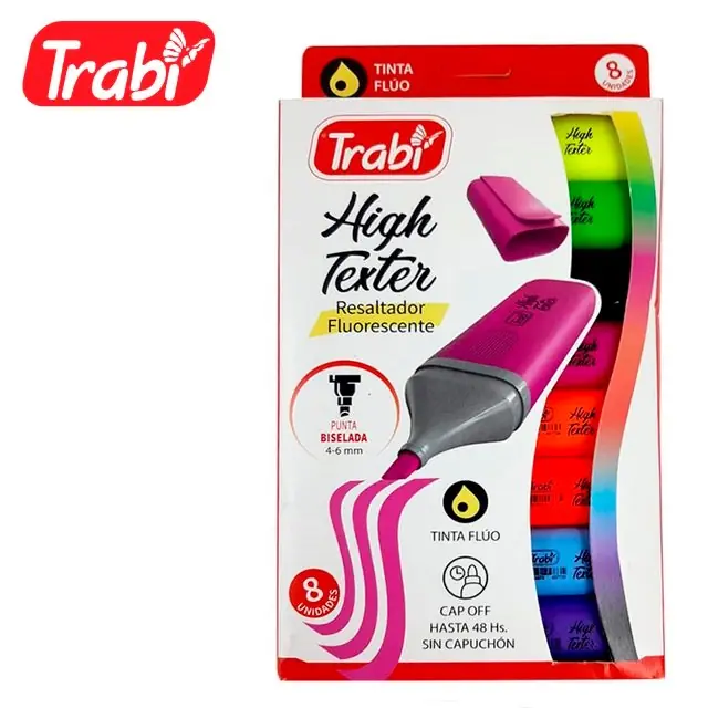 Caja Resaltadores Trabi * Flúo x 8 * High Texter Chatos (7 Neón + 1 Tachador Negro)