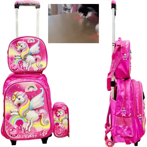 Set x 3 *UNICORNIOS* Mochila Con Carro + Lonchera Termica + Cartuchera -Ruedas con Luces- Escolar 3D