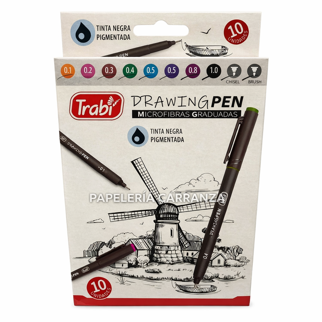 Estilógrafos Graduados TRABI Negro DRAWING PEN Blister x 10 GRAFOS (Excelente Calidad)