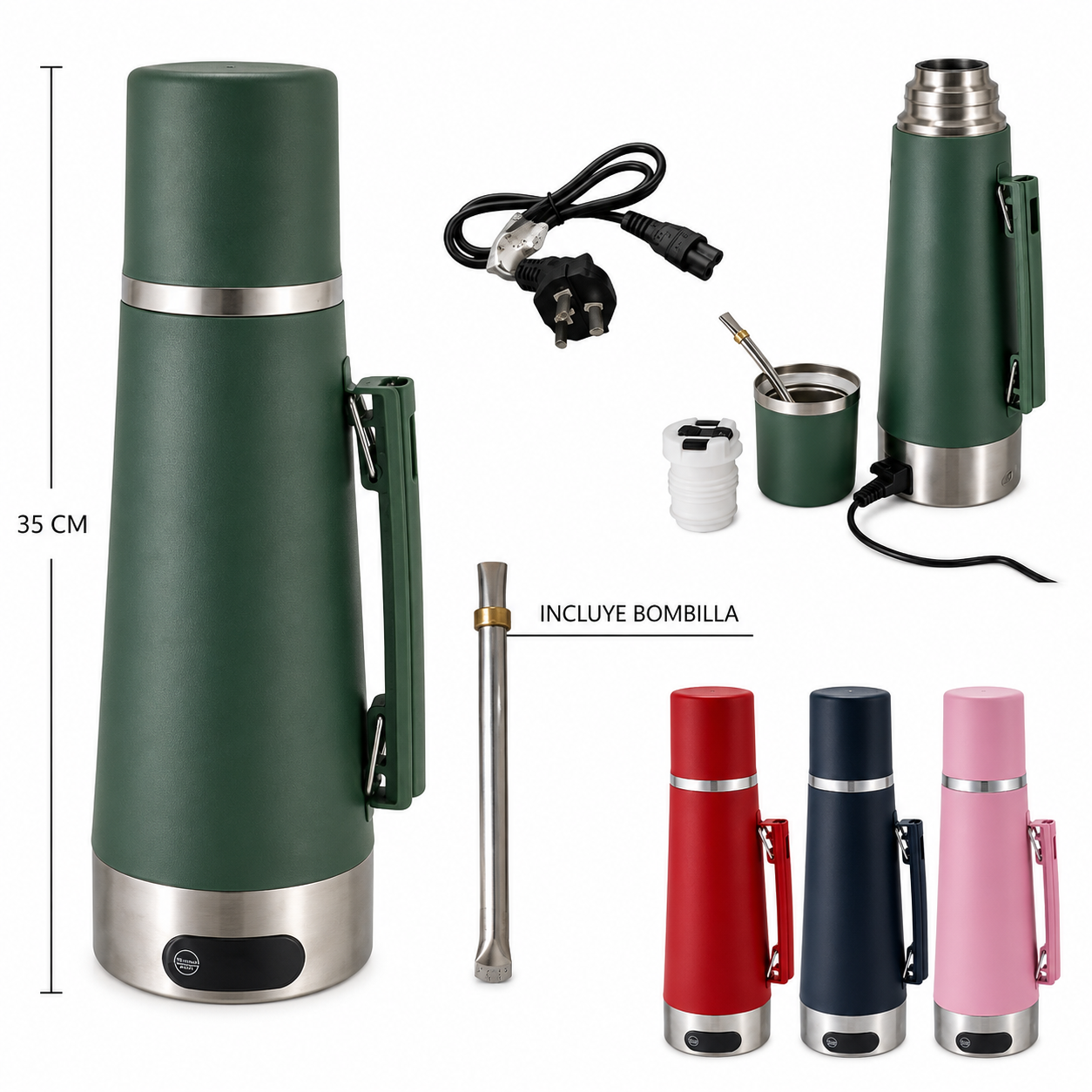 TERMO ELECTRICO 1.2 Litros + TAPA DE MATE + BOMBILLA - ACERO INOXIDABLE