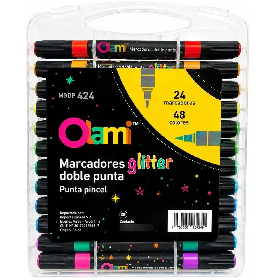 MARCADORES - GLITTER X 24 DOBLE PUNTA - PINCEL OLAMI (48 COLORES) ESTUCHE RIGIDO