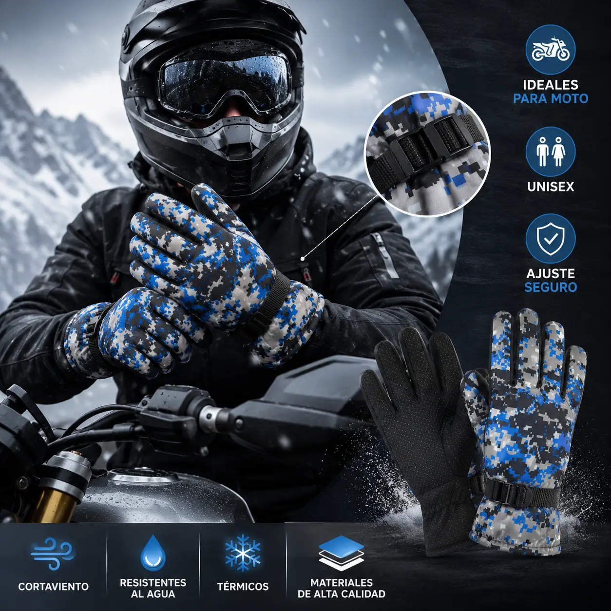 GUANTES REFORZADOS - CAMUFLADO AZUL - POLAR MOTO INVIERNO IMPERMEABLE