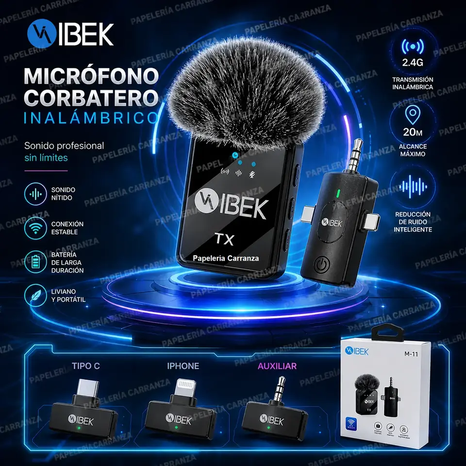 Micrófono corbatero "IBEK M-11" Salida Tipo "C" + Iphone  + Auxiliar - Negro para Creadores de Contenido