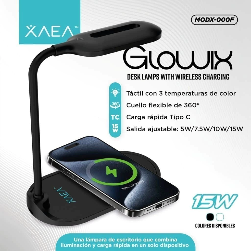 Lamparas de escritorio * XAEA GLOWIX NEGRO * Con Carga Inalámbrica 15w (3 Tonos de Luz)