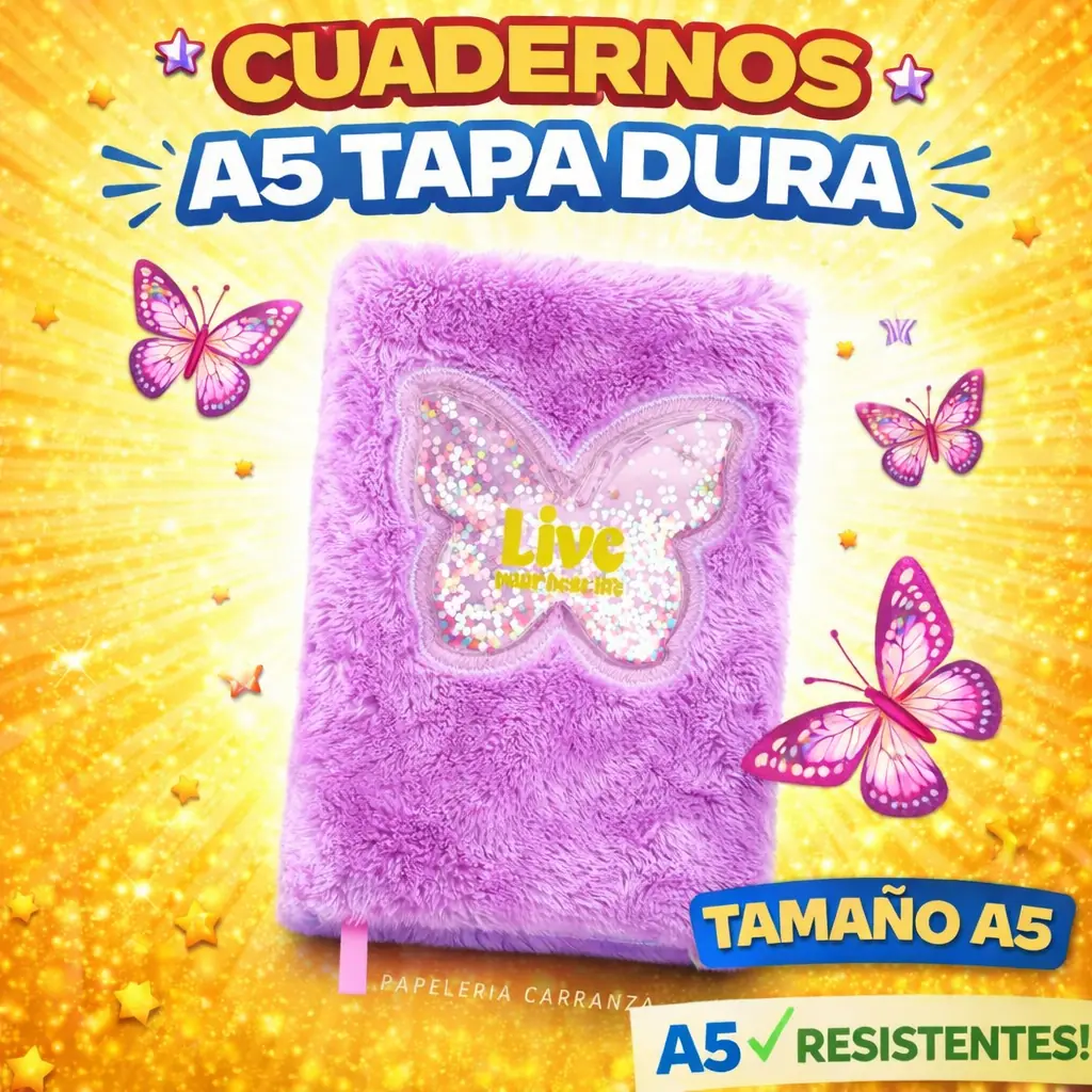 CUADERNOS C/ ESPIRAL 16 X 21 ” MARIPOSAS CON PELUCHE VIOLETA ” A5 TAPA DURA