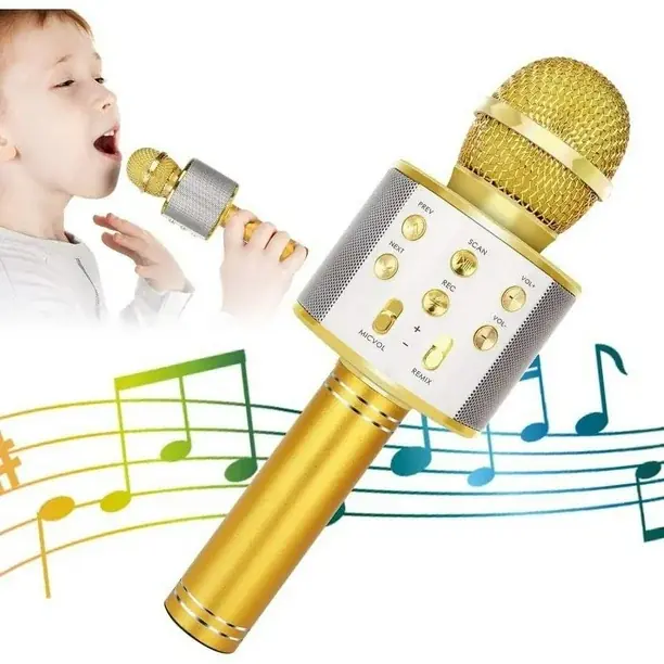 Micrófono Bluetooth Karaoke " DORADO " C/ Parlante Incluido + Función Remix WS - 858