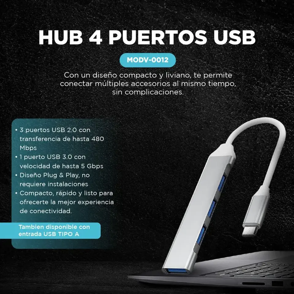 HUB USB * 4 Puertos Salida Tipo C * Con Teclas (Zapatilla Prolongador USB)