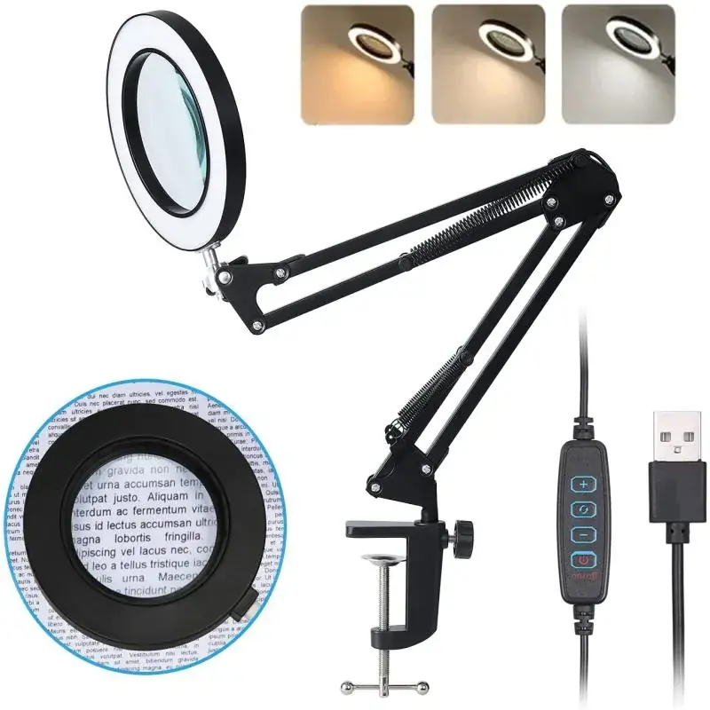 Lamparas de escritorio Flexible Time * Aro de luz con Lupa *  c/ Pinza de agarre (3 tipos de luz)