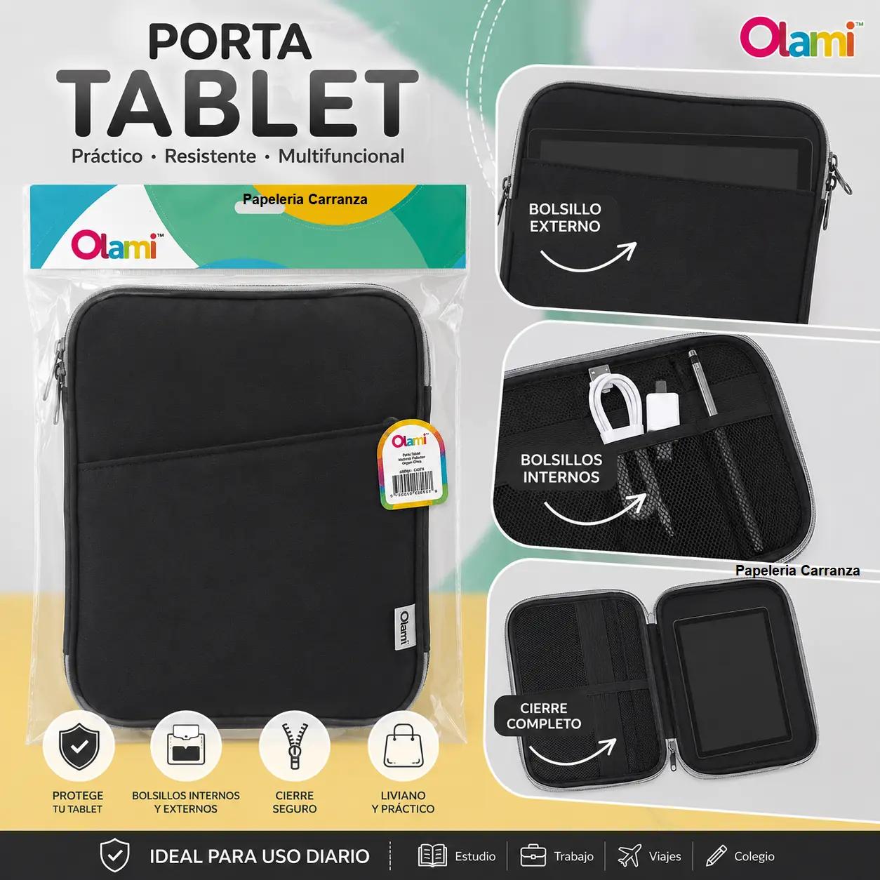 Porta Tablet Funda Reforzada - Olami - Con Cierre y Bolsillos