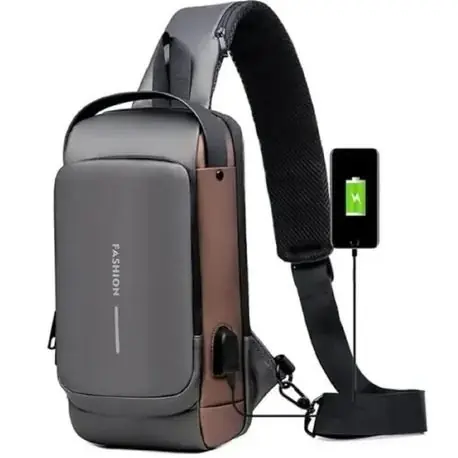 Pechera Cruzada de Seguridad * Gris Combinado Antirrobo * Reforzada + USB + Candado de combinación