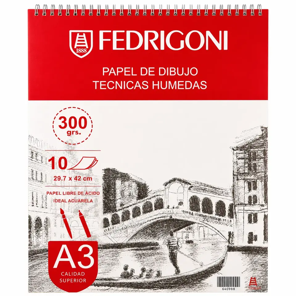BLOCK DE DIBUJO PROFESIONAL FEDRIGONI - TECNICAS HUMEDAS -  A3 300 GR ( 10 HOJAS) IDEAL ACUARELAS (CON ESPIRAL ARRIBA)