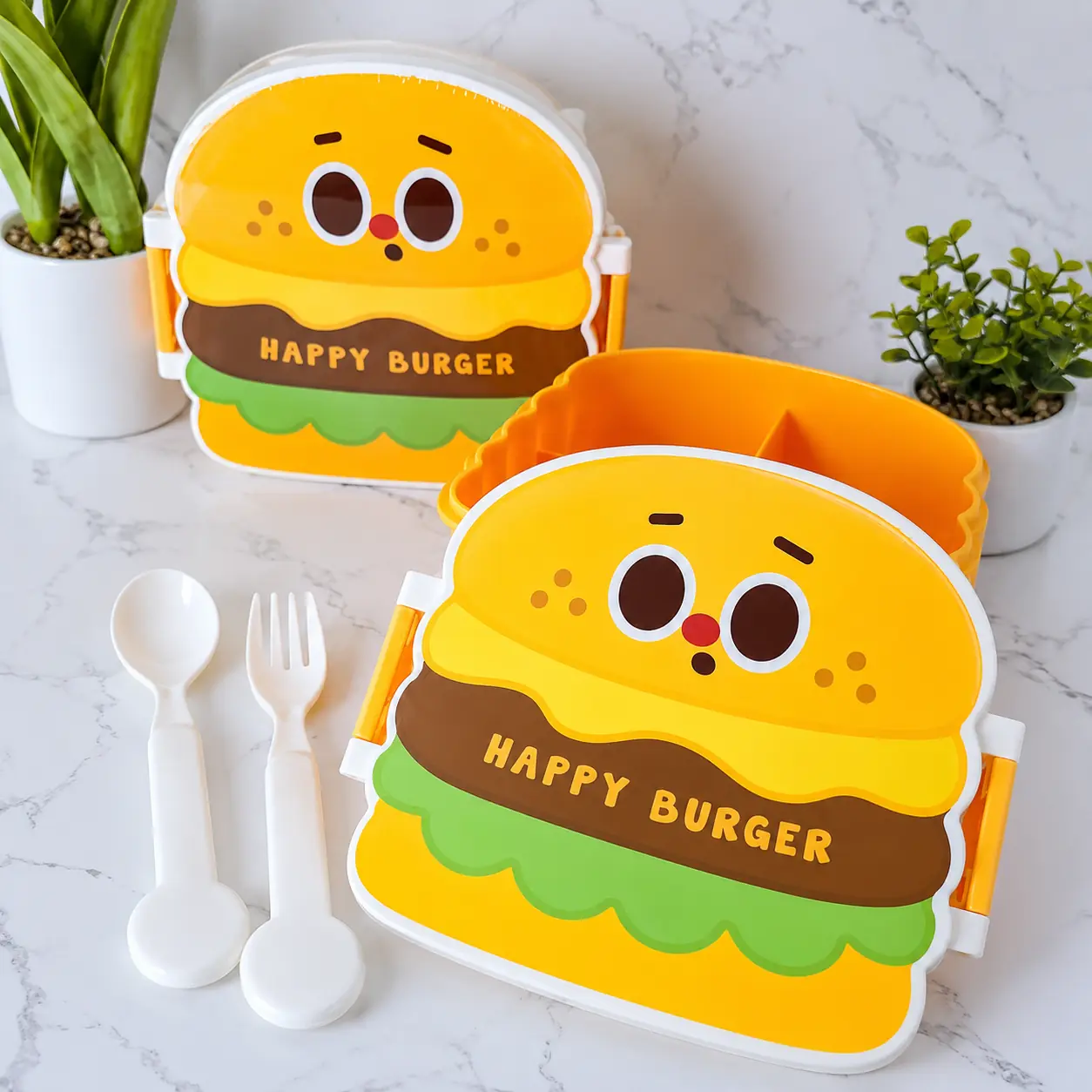 Loncheras Hermeticas - Happy Burger -  c/ división Interna + Cubiertos