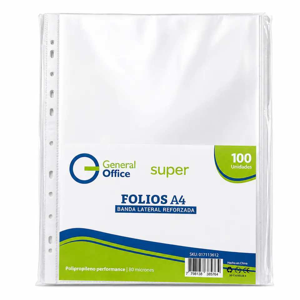FOLIO A4 General Office " SUPER 80 Micrones" Reforzados BOLSA X 100 unidades