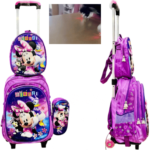 Set x 3 *MINNIE M0USE* Mochila Con Carro + Lonchera Termica + Cartuchera -Ruedas con Luces- Escolar 3D