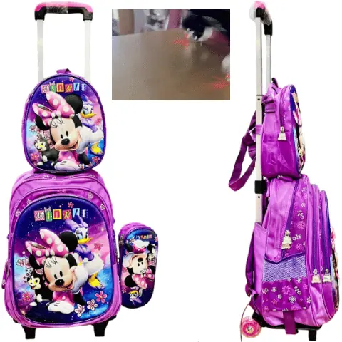 Set x 3 *MINNIE M0USE* Mochila Con Carro + Lonchera Termica + Cartuchera -Ruedas con Luces- Escolar 3D