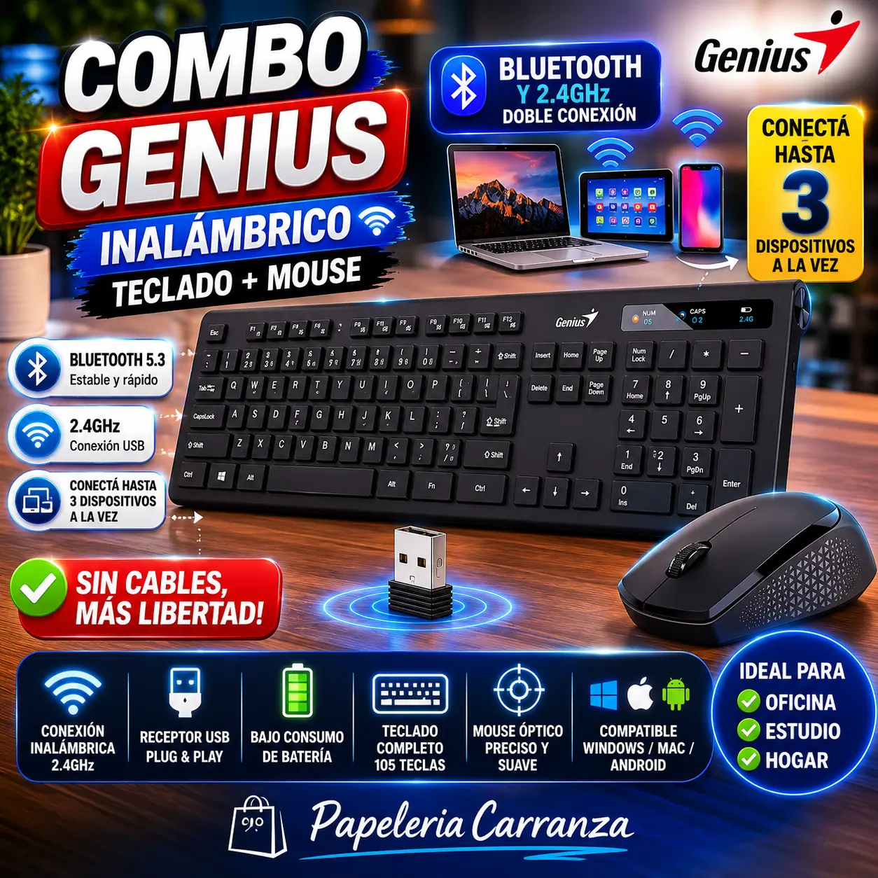 Combo GENIUS INALAMBRICO - SLIMSTAR 8230 -  ( Teclado + Mouse ) SISTEMA CON RECEPTOR + BLUETOOTH