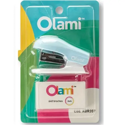 KIT ABROCHADORA OLAMI ** CELESTE PASTEL ** + BROCHES 24/6 (Para 12 Hojas)