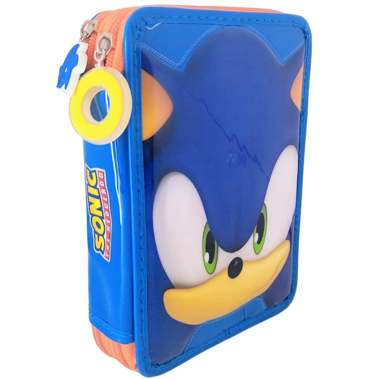 KIT SET * CARTUCHERAS CRESKO "SONIC" 2 PISOS REFORZADAS + 12 LAPIICES DE COLORES + 4 LAPIIZ NEGRO + G0MA DE BORRAR + SAKPUNTAS *
