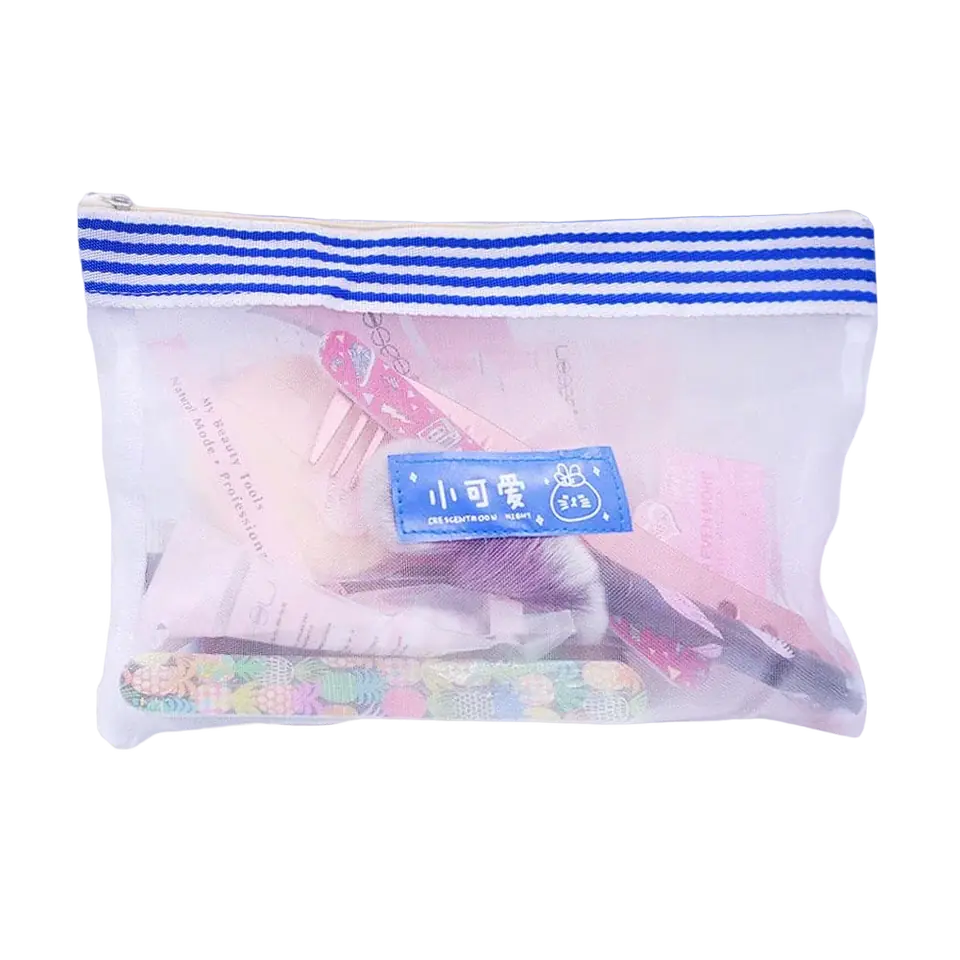 PORTA COSMETICOS TIPO RED TRANSPARENTE C/ RAYAS AZULES (Grande)