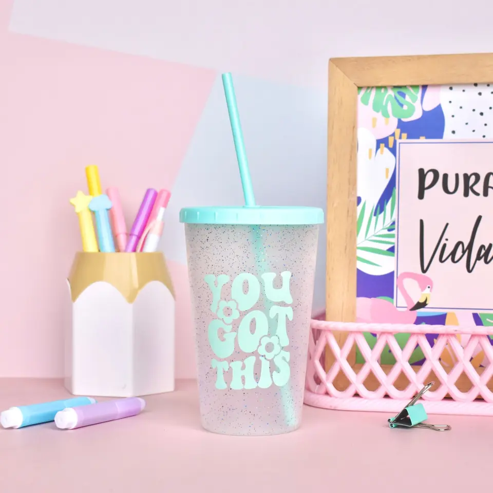 Vaso Glitter "You Got This" con Tapa y Sorbete 500cc (Verde Pastel)