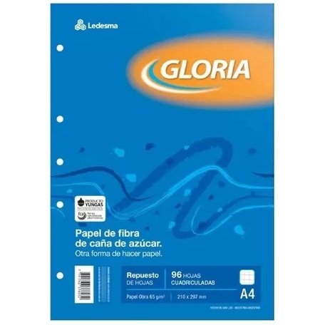 Repuesto GLORIA A4 * CUADRICULADO * x 96 Hojas