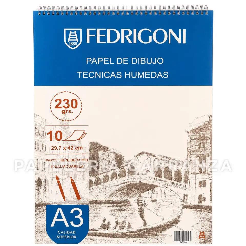 BLOCK DE DIBUJO PROFESIONAL FEDRIGONI - TECNICAS HUMEDAS -  A3 230 GR ( 10 HOJAS) IDEAL ACUARELAS (CON ESPIRAL ARRIBA)