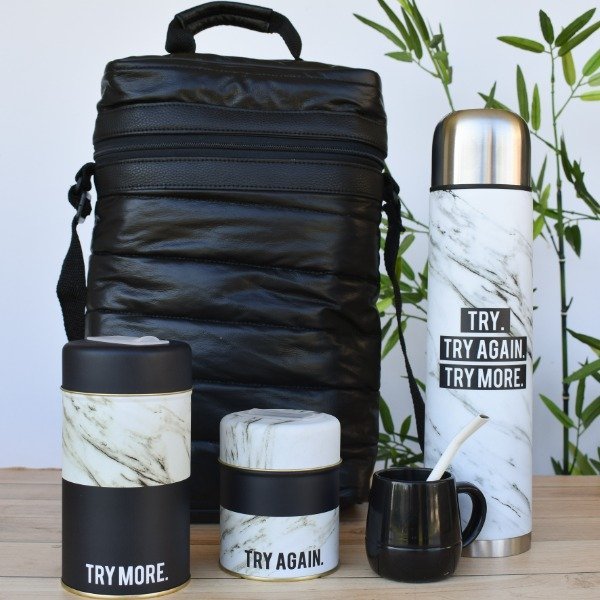 MEGA SET Matero * Mármol * x 6 unidades (Bolso c/ cierre IMPERMEABLE, Termo 1 Litro Acero Inoxidable, Yerbera, Azucarera, Mate y Bombilla)