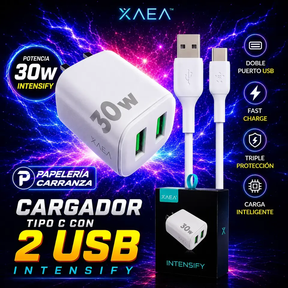 Cargador para Celular INTENSIFY (Salida USB DOBLE) + Cable Tipo " C " 30W Premium Usb (Carga Rapida) - Calidad de un Original