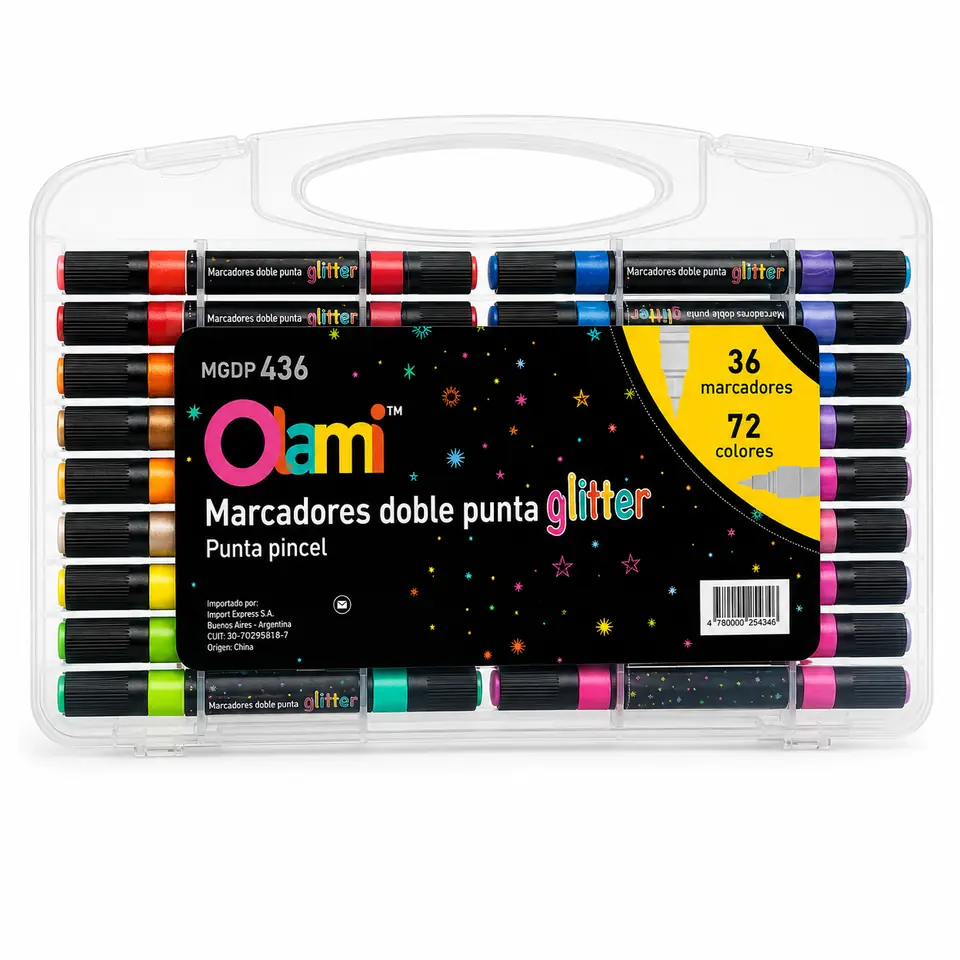 MARCADORES - GLITTER X 36 DOBLE PUNTA - PINCEL OLAMI (72 COLORES) ESTUCHE RIGIDO