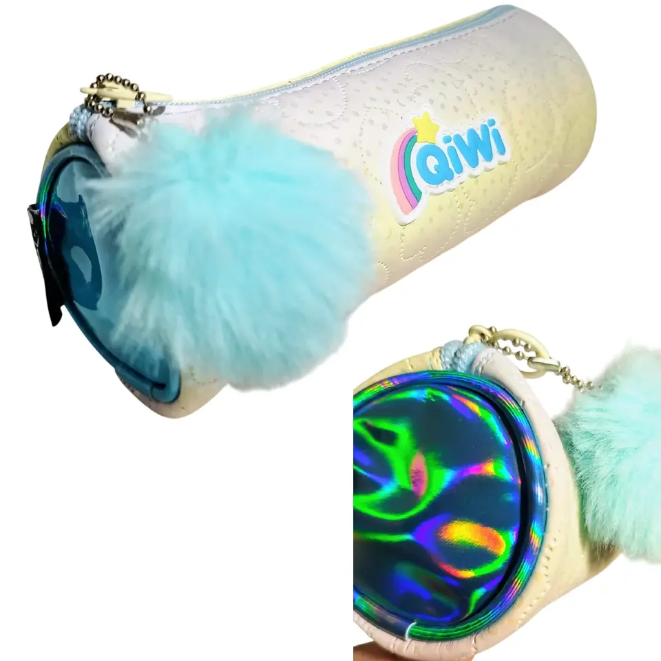 CARTUCHERAS QIWI *RAINBOW POMPON CELESTE* MEDIANA TUBO