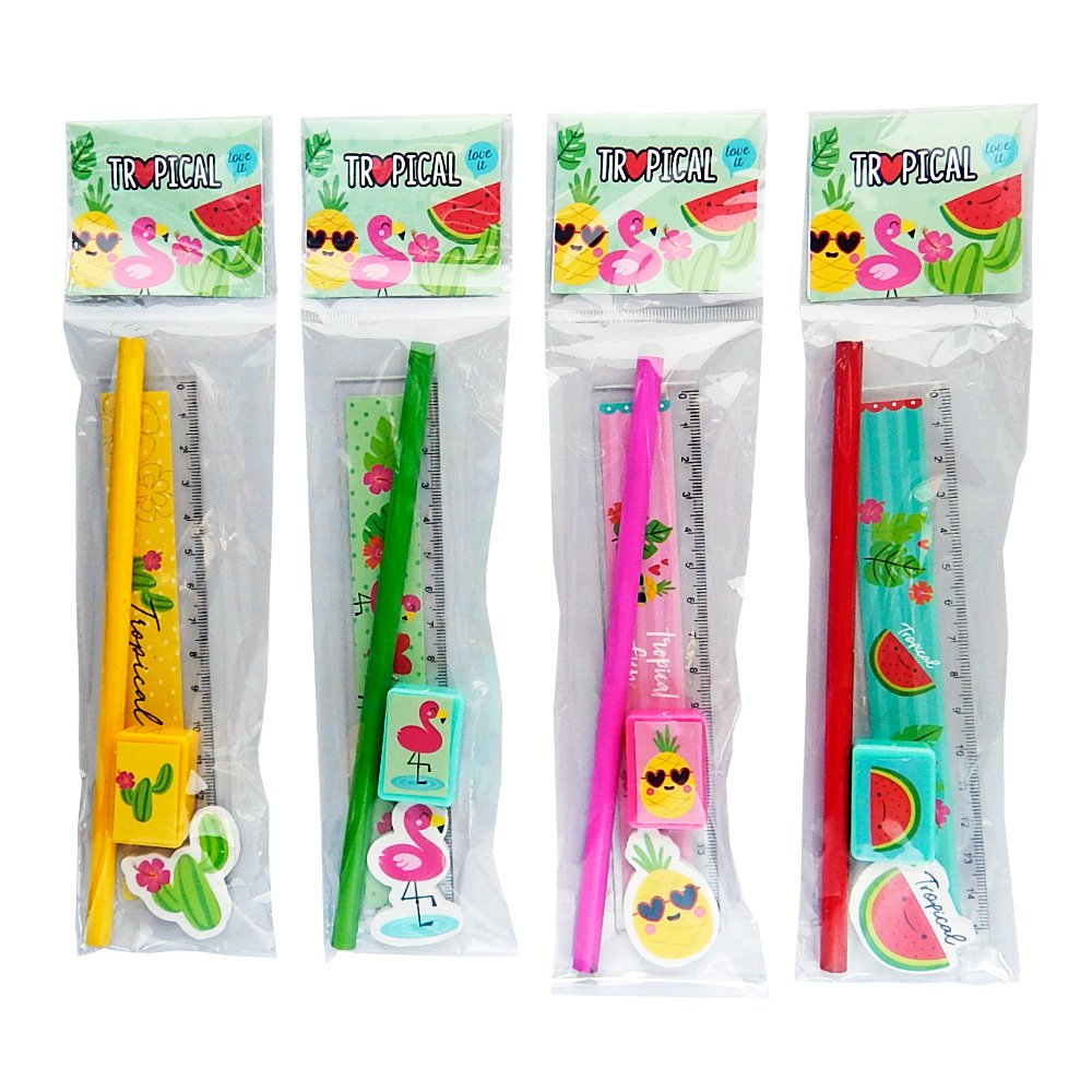Set Escolar "Tropical" (Lapiz + Sacapunta + Borrador + Regla)