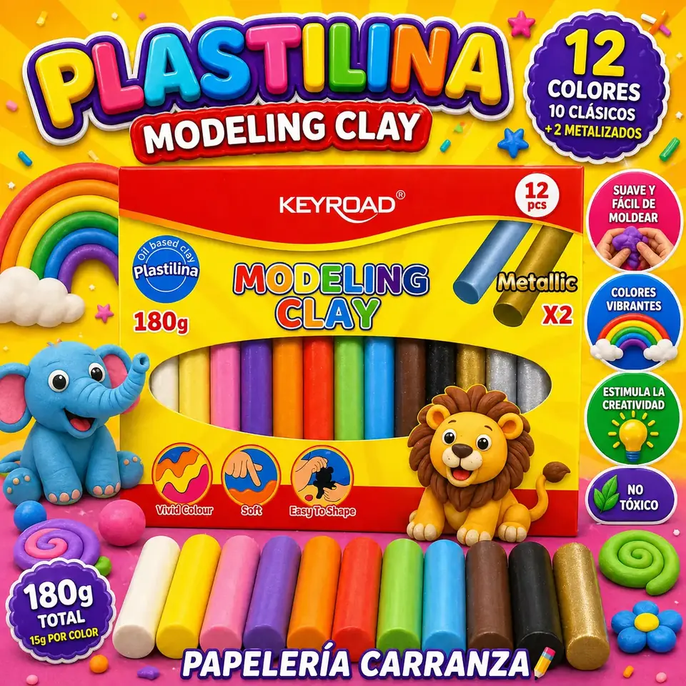 Plastilina KEYROAD * Clásicos x 12 (10 Clásicos + 2 Metalizados * Premium 180 Gr Blister