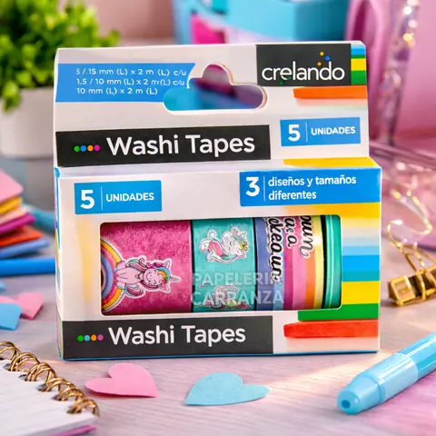 CINTA CRELANDO " UNICORNIOS x 5 UNIDADES " Washi Tape DECORATIVA