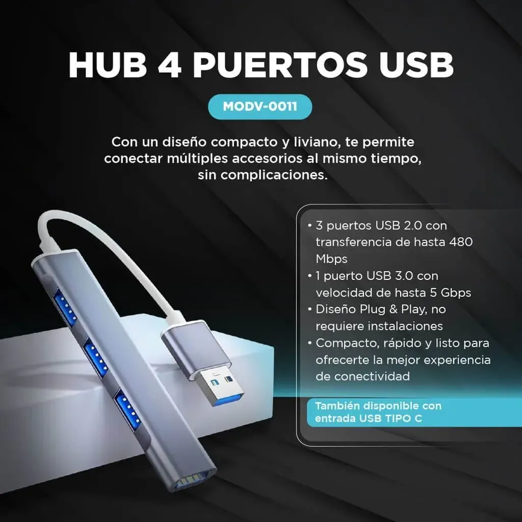 HUB USB * 4 Puertos Salida USB * Con Teclas (Zapatilla Prolongador USB)