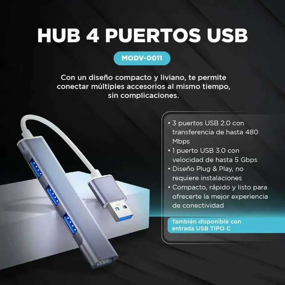 HUB USB * 4 Puertos Salida USB * Con Teclas (Zapatilla Prolongador USB)